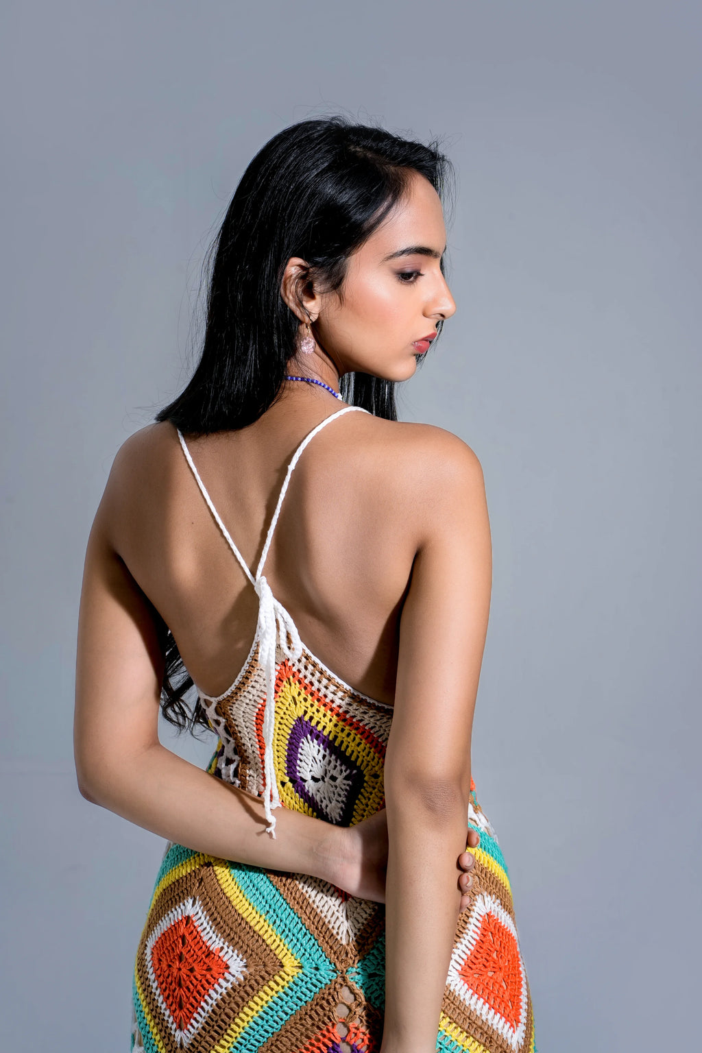 IVY CONFETTI CROCHET BACKLESS MIDI DRESS