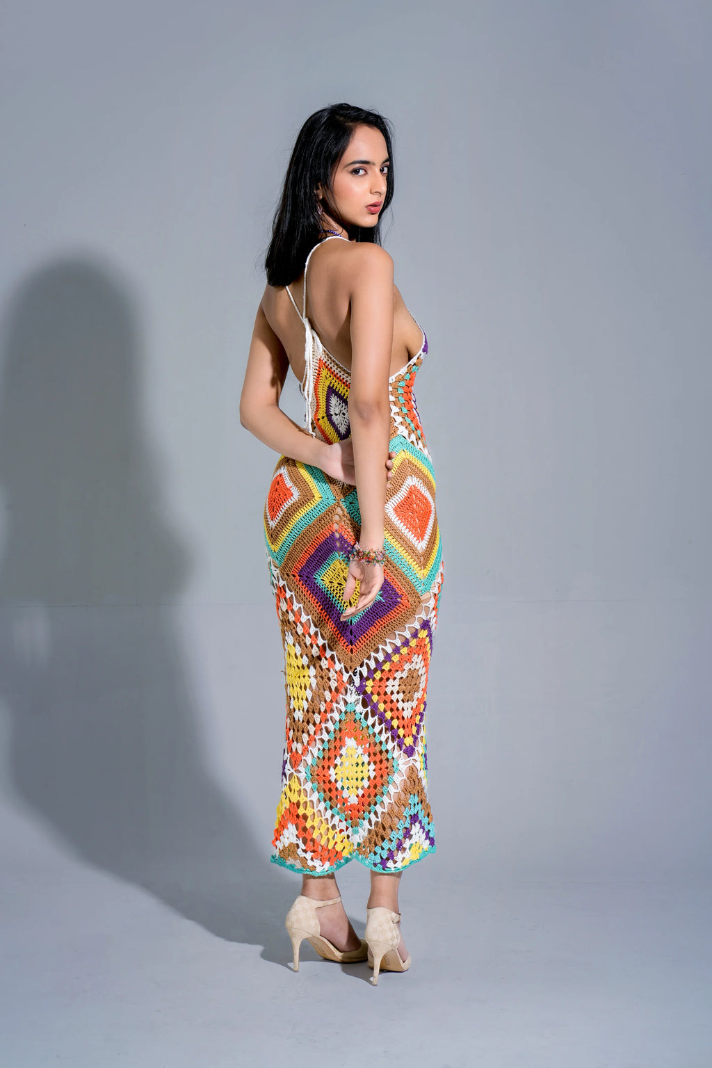 IVY CONFETTI CROCHET BACKLESS MIDI DRESS