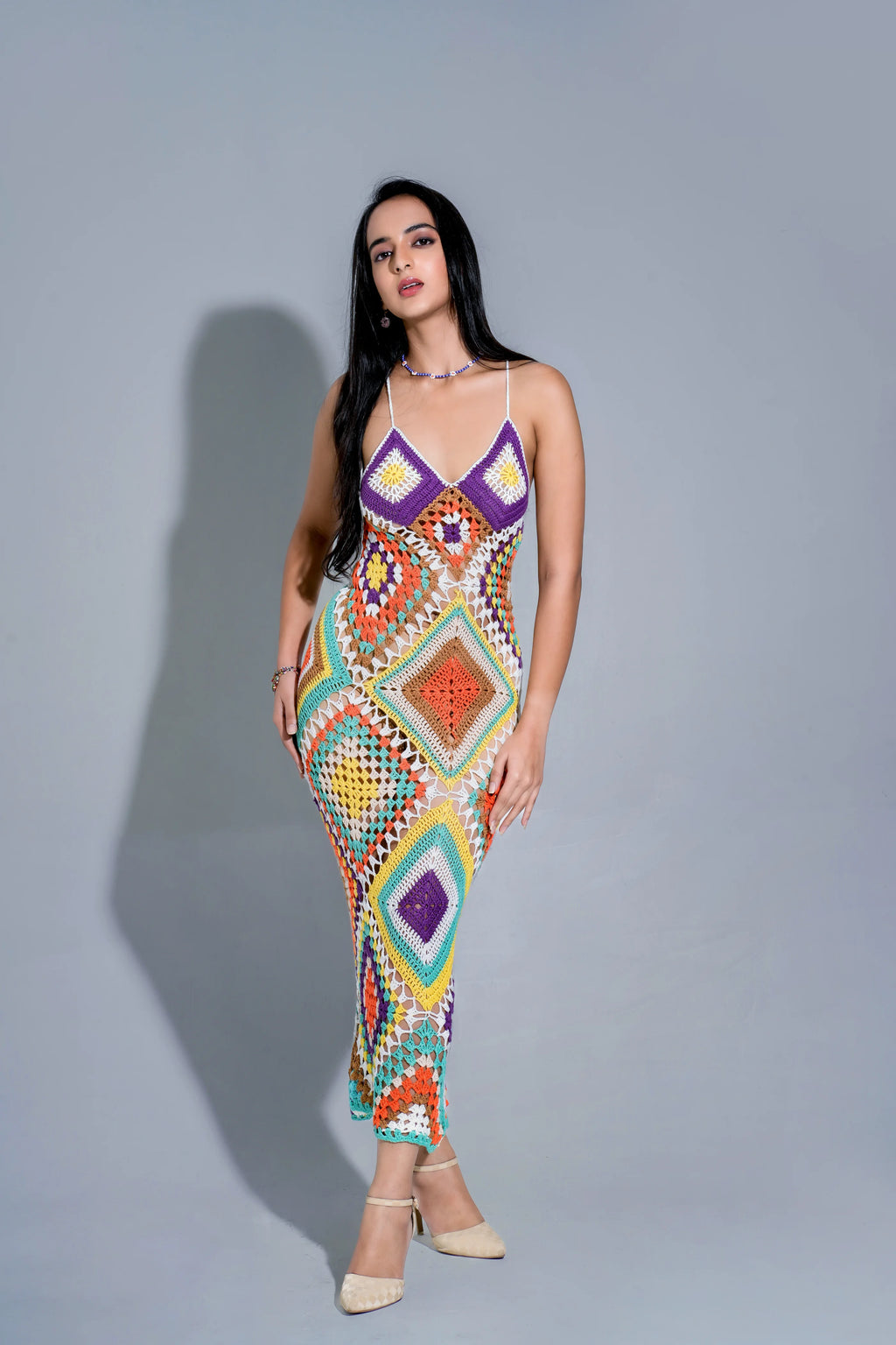 IVY CONFETTI CROCHET BACKLESS MIDI DRESS