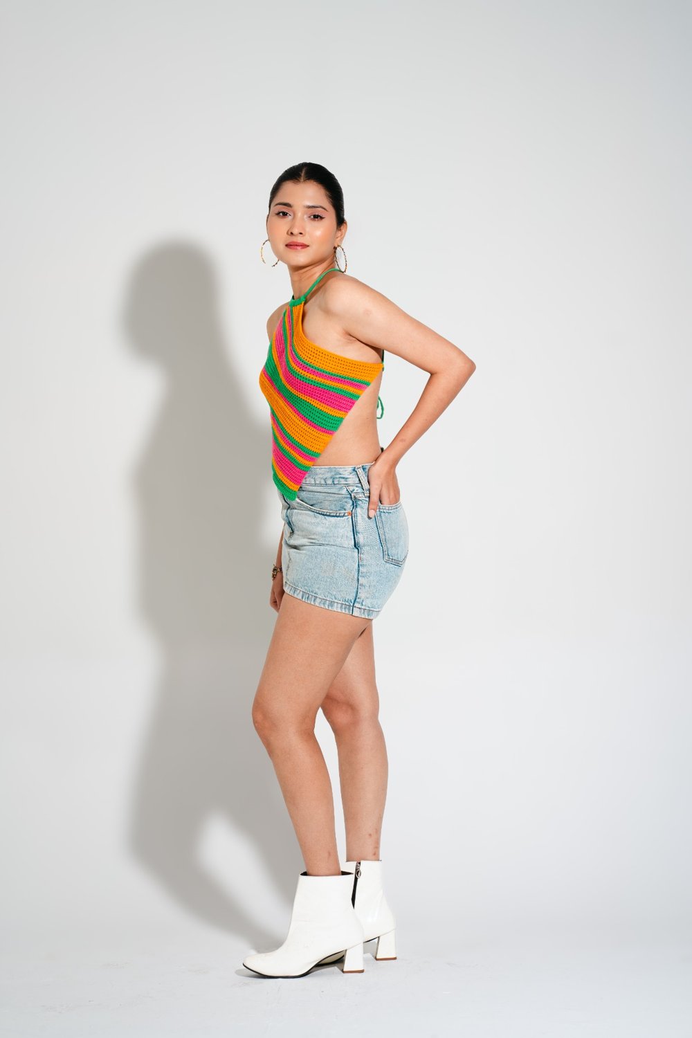 Candy Crochet Top front view — multicolor striped halter crop top for vacation and beach outfit