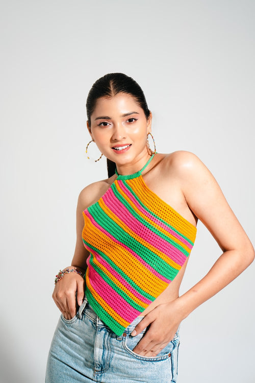 Candy Crochet Top by BoardingPass.store in vibrant rainbow stripes, close-up of halter crochet texture.