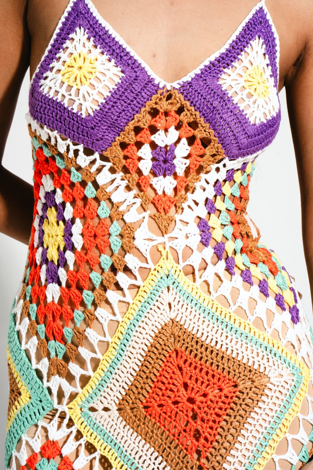 Close-up detail of Ivy Confetti Crochet Dress colourful granny-square crochet pattern