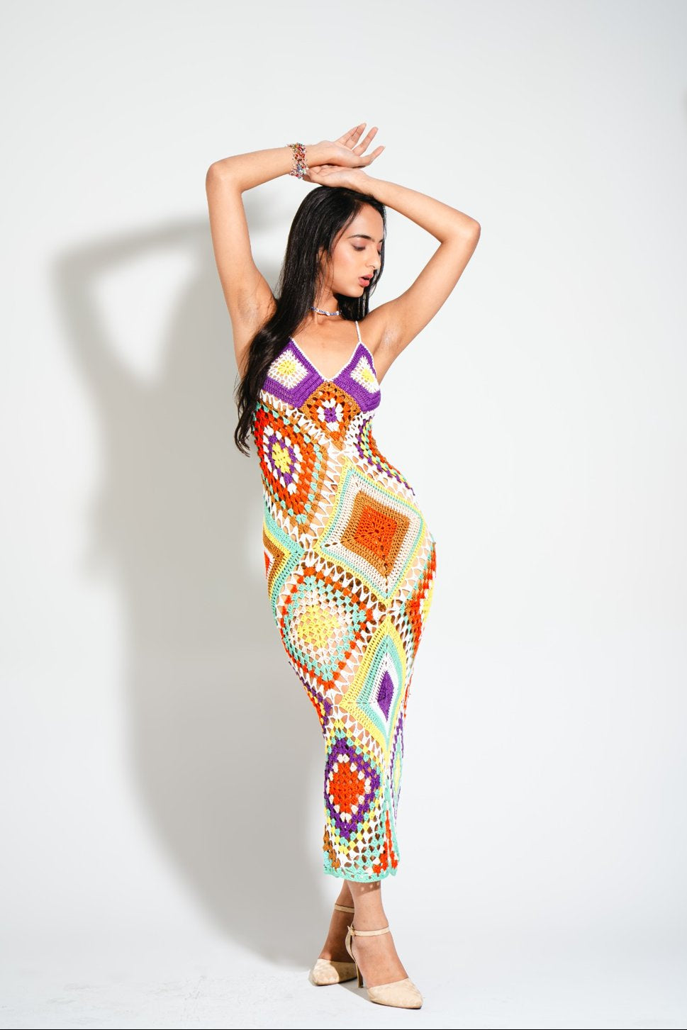 Ivy Confetti Crochet Backless Midi Dress by BoardingPass.store — multicolor handmade beach coverup