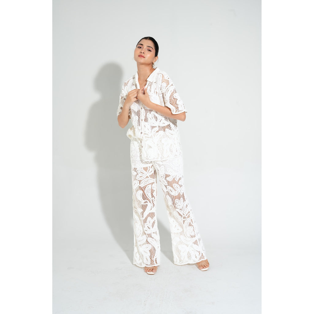 Full-length standing image of the Laurel Crochet Full Length Coord Set, perfect for beach vacations, resortwear, and effortless all-day styling