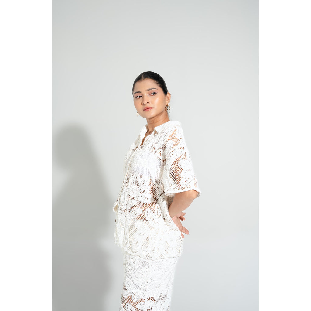Close-up side view of the Laurel Crochet Coord Set shirt, showcasing detailed floral crochet, relaxed collar, and premium handcrafted texture