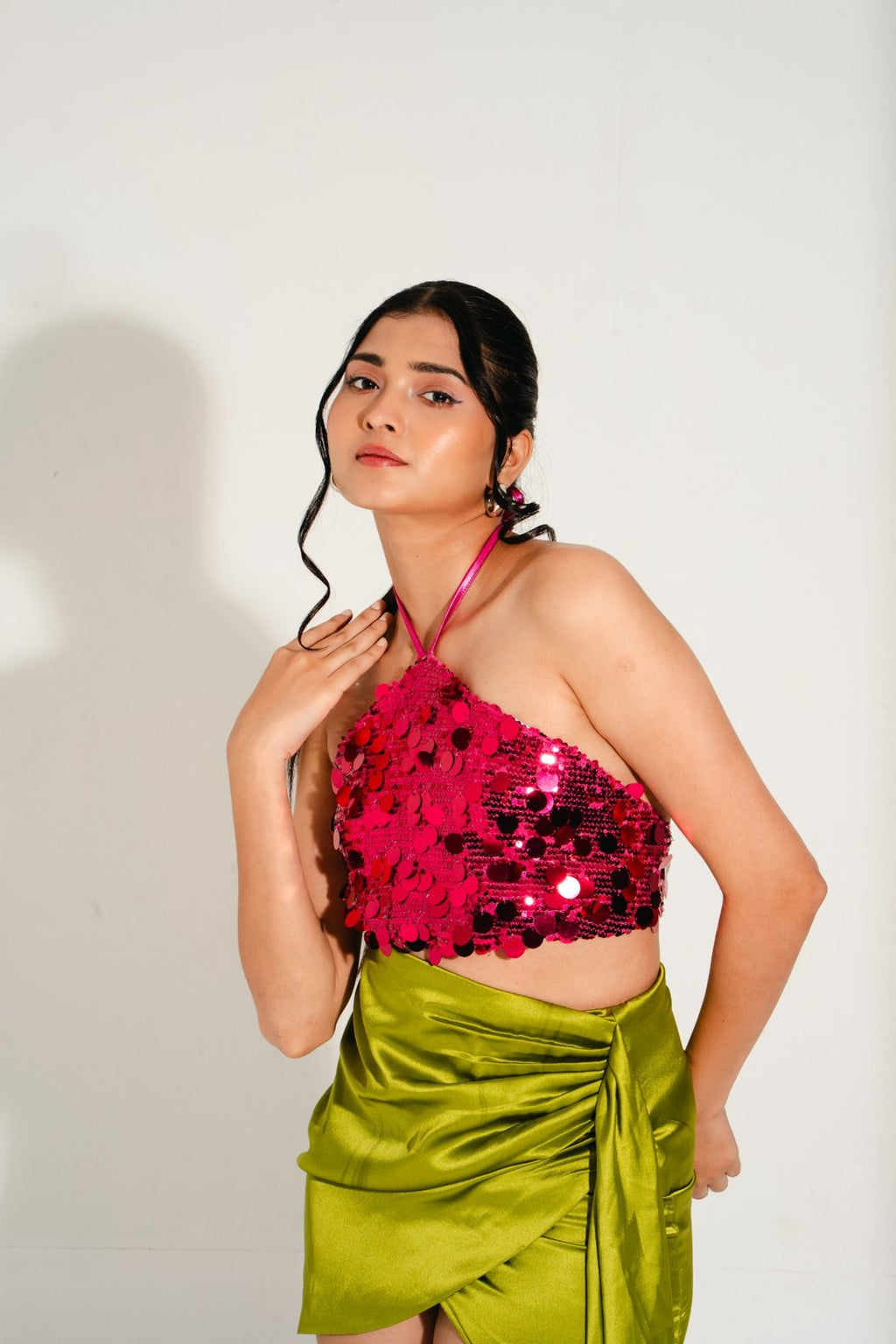 Gloss Pink Lulu Halter Sequin Top – front pose on model, shimmering oversized sequins, vacation and party wear by Boarding Pass