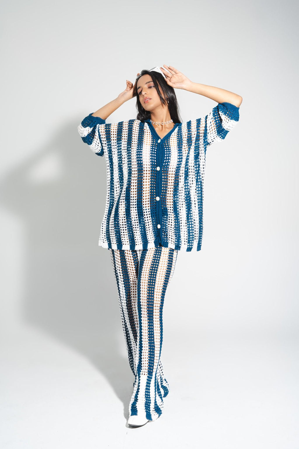Sheer crochet coverup set for women — Maeve striped co-ord, premium handcrafted vacation wear.