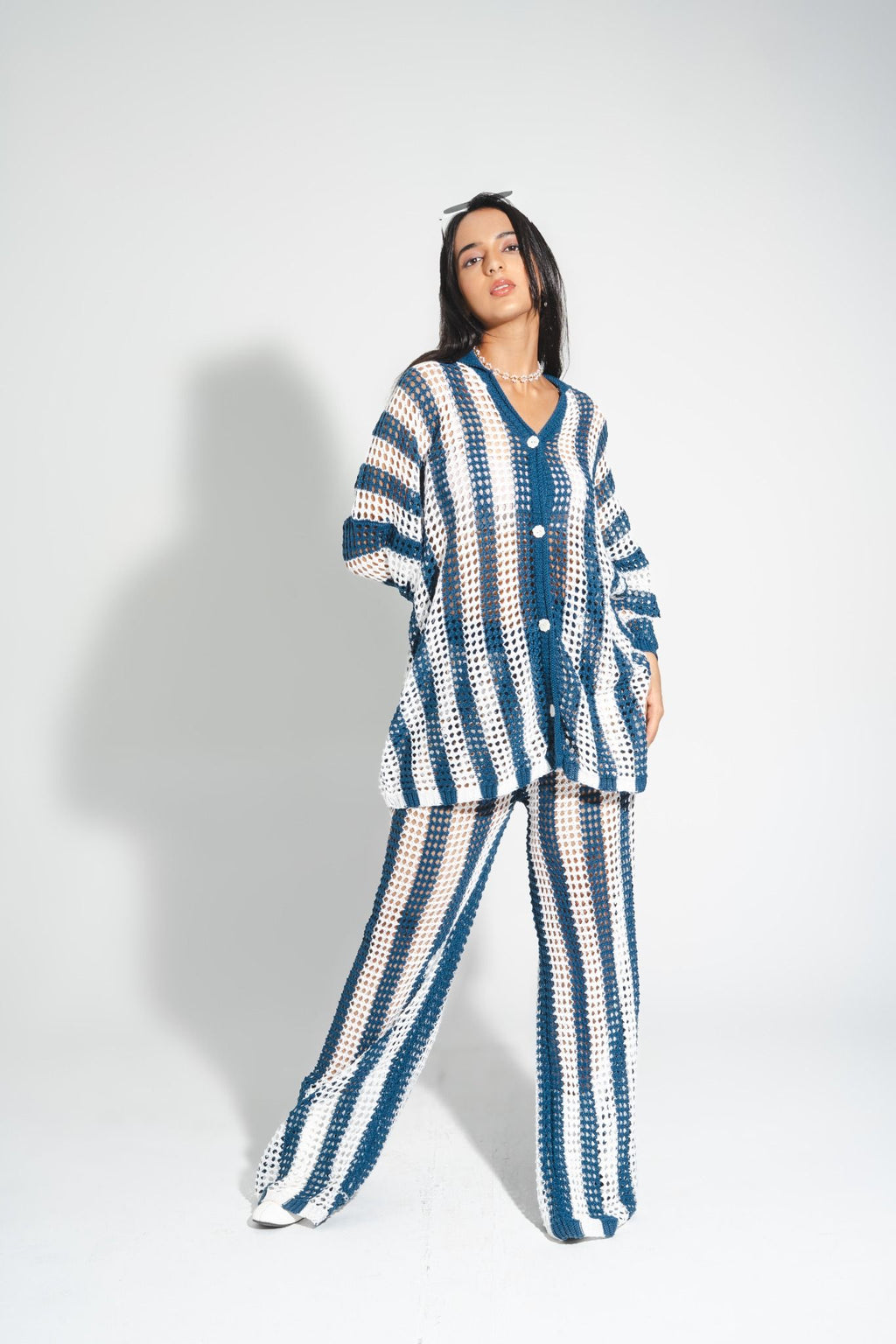 Maeve Crochet Co-ord Set Blue White – open-knit crochet beach coverup for women, perfect vacation outfit, lightweight and breathable resort wear