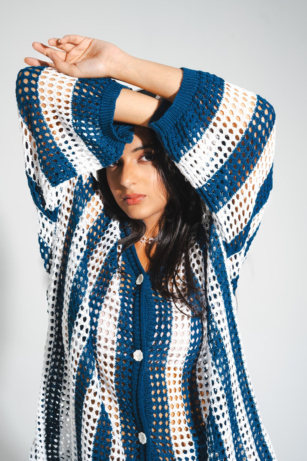 Sheer crochet coverup set for women — Maeve striped co-ord, premium handcrafted vacation wear.