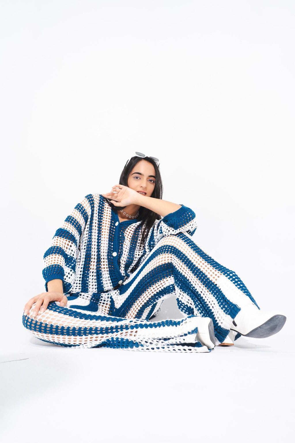 Sheer crochet coverup set for women — Maeve striped co-ord, premium handcrafted vacation wear.