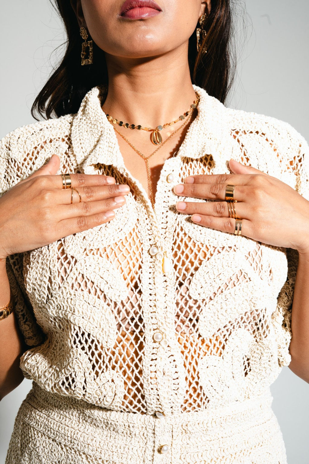 Premium beige crochet coord set with detailed lace knit — perfect for vacations, brunch, and travel outfits.
