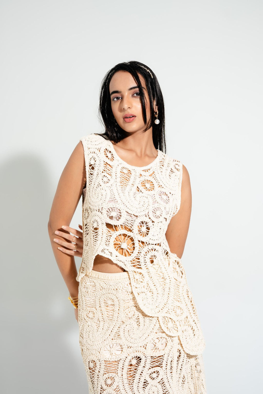 Close-up of Willow Crochet Coord Set showing intricate lace detailing and handcrafted texture — Boarding Pass resort fashion