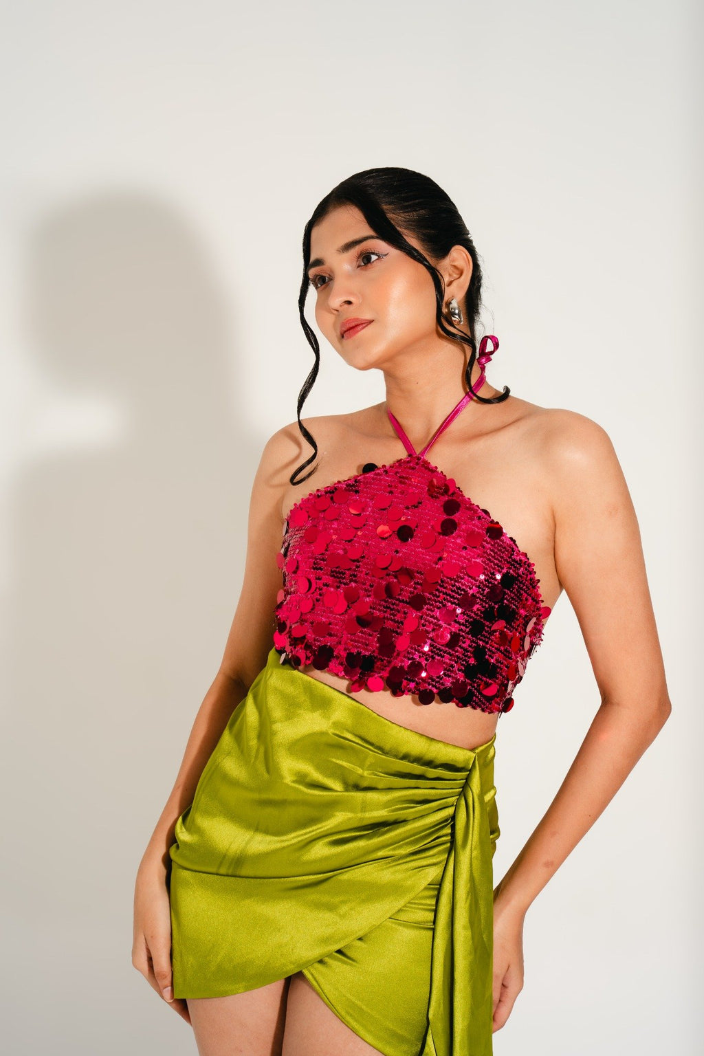 Hand-embellished Gloss Pink sequin crop top – glamorous festive and eventwear for modern women.